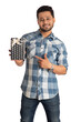 © Dip Photography - Portrait of young happy smiling handsome man holding gift box and posing on a white background.