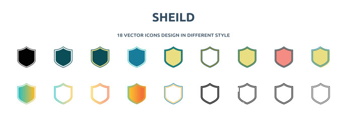 Wall Mural - sheild icon in 18 different styles such as thin line, thick line, two color, glyph, colorful, lineal