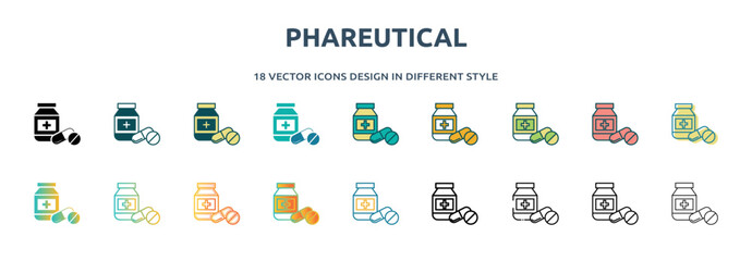 phareutical icon in 18 different styles such as thin line, thick line, two color, glyph, colorful, lineal color, detailed, stroke and gradient. set of phareutical vector for web, mobile, ui