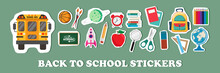 Set Of School Supplies Or Back To School And Education Stickers Isolated On Green Chalkboard. Good For Prints, Cards And Invitations Decor, Paper Crafts, Scrapbooking, Stationary And Products