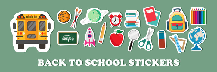set of school supplies or back to school and education stickers isolated on green chalkboard. good f