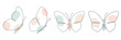 Butterfly continuous one line  drawing set. Linear art butterfly flying with abstract pastel color shapes collection. Vector isolated on white.