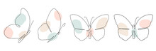 Butterfly Continuous One Line  Drawing Set. Linear Art Butterfly Flying With Abstract Pastel Color Shapes Collection. Vector Isolated On White.