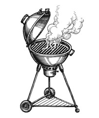 BBQ grill. Charcoal barbecue brazier with smoke. Kebab, grilled food concept. Sketch vector illustration isolated