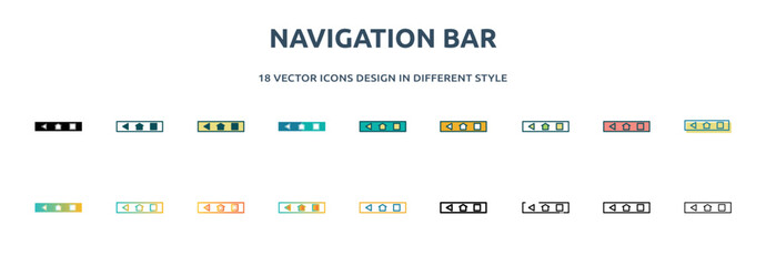 navigation bar icon in 18 different styles such as thin line, thick line, two color, glyph, colorful, lineal color, detailed, stroke and gradient. set of navigation bar vector for web, mobile, ui