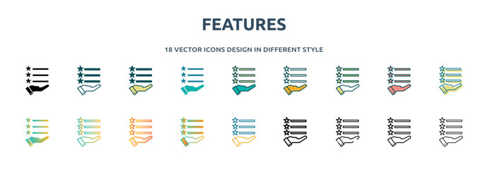 Wall Mural - features icon in 18 different styles such as thin line, thick line, two color, glyph, colorful, line