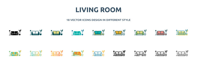 living room icon in 18 different styles such as thin line, thick line, two color, glyph, colorful, lineal color, detailed, stroke and gradient. set of living room vector for web, mobile, ui