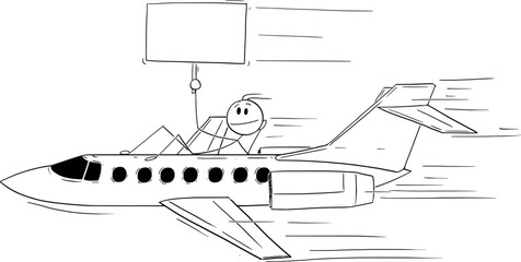 Poster - Person Flying on Aircraft and Holding Empty Sign, Vector Cartoon Stick Figure Illustration