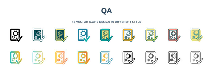 Wall Mural - qa icon in 18 different styles such as thin line, thick line, two color, glyph, colorful, lineal color, detailed, stroke and gradient. set of qa vector for web, mobile, ui