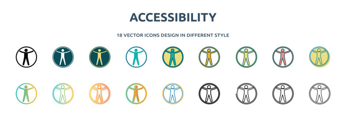 Wall Mural - accessibility icon in 18 different styles such as thin line, thick line, two color, glyph, colorful, lineal color, detailed, stroke and gradient. set of accessibility vector for web, mobile, ui