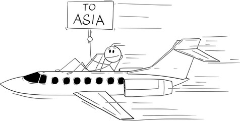 Sticker - Person Traveling to Asia, Vector Cartoon Stick Figure Illustration