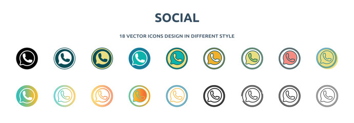 social icon in 18 different styles such as thin line, thick line, two color, glyph, colorful, lineal color, detailed, stroke and gradient. set of social vector for web, mobile, ui