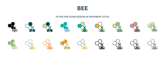 bee icon in 18 different styles such as thin line, thick line, two color, glyph, colorful, lineal color, detailed, stroke and gradient. set of bee vector for web, mobile, ui