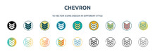 Chevron Icon In 18 Different Styles Such As Thin Line, Thick Line, Two Color, Glyph, Colorful, Lineal Color, Detailed, Stroke And Gradient. Set Of Chevron Vector For Web, Mobile, Ui