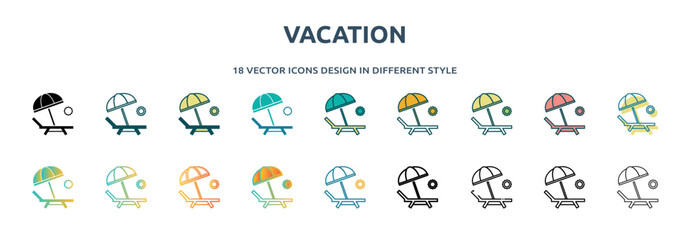 vacation icon in 18 different styles such as thin line, thick line, two color, glyph, colorful, lineal color, detailed, stroke and gradient. set of vacation vector for web, mobile, ui