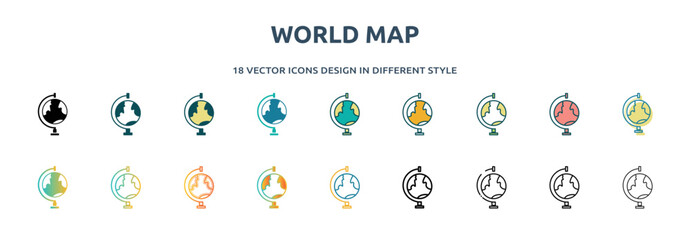 world map icon in 18 different styles such as thin line, thick line, two color, glyph, colorful, lineal color, detailed, stroke and gradient. set of world map vector for web, mobile, ui