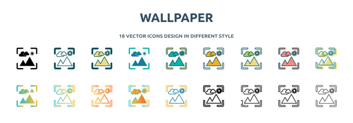 wallpaper icon in 18 different styles such as thin line, thick line, two color, glyph, colorful, lineal color, detailed, stroke and gradient. set of wallpaper vector for web, mobile, ui