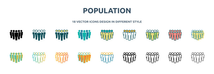 population icon in 18 different styles such as thin line, thick line, two color, glyph, colorful, lineal color, detailed, stroke and gradient. set of population vector for web, mobile, ui