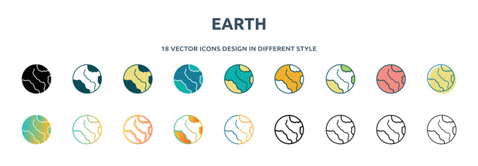 earth icon in 18 different styles such as thin line, thick line, two color, glyph, colorful, lineal color, detailed, stroke and gradient. set of earth vector for web, mobile, ui