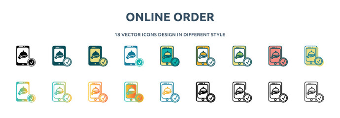 online order icon in 18 different styles such as thin line, thick line, two color, glyph, colorful, lineal color, detailed, stroke and gradient. set of online order vector for web, mobile, ui