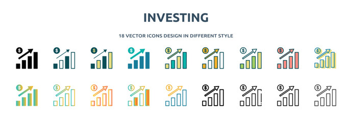 investing icon in 18 different styles such as thin line, thick line, two color, glyph, colorful, lineal color, detailed, stroke and gradient. set of investing vector for web, mobile, ui