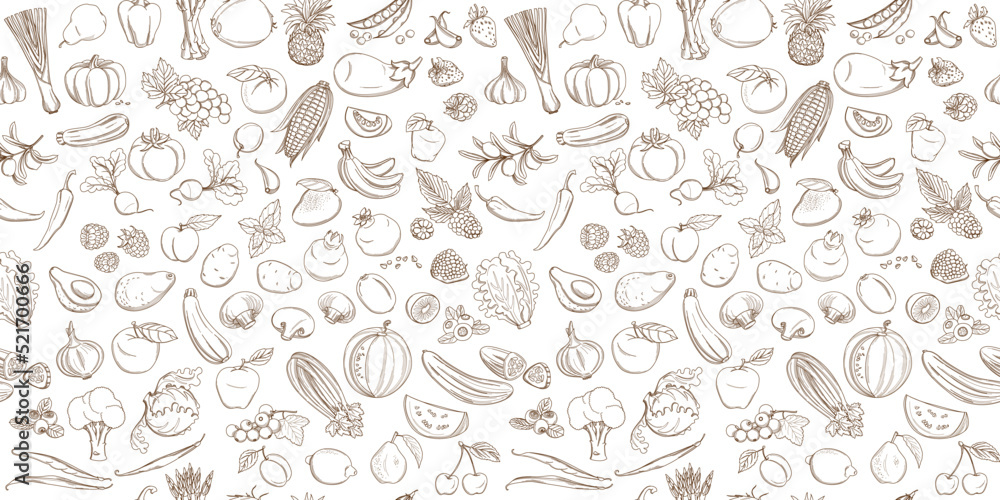 Seamless background pattern of organic farm fresh fruits and vegetables ...