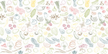 Seamless Background Pattern Of Organic Farm Fresh Fruits And Vegetables