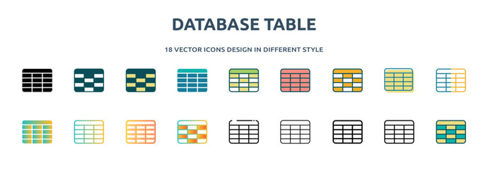 Wall Mural - database table icon in 18 different styles such as thin line, thick line, two color, glyph, colorful