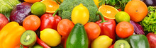 Background From A Set Of Appetizing Fruits And Vegetables. Wide Photo.
