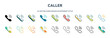 caller icon in 18 different styles such as thin line, thick line, two color, glyph, colorful, lineal color, detailed, stroke and gradient. set of caller vector for web, mobile, ui