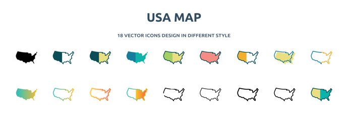 usa map icon in 18 different styles such as thin line, thick line, two color, glyph, colorful, lineal color, detailed, stroke and gradient. set of usa map vector for web, mobile, ui
