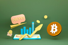 Growth Stock With Financial News, Chart Up Statistics. Bitcoin Phone, Arrow, Coins,  Plane, Graph. The Growth Of The World Economy. 3d Rendering Illustration