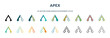 apex icon in 18 different styles such as thin line, thick line, two color, glyph, colorful, lineal color, detailed, stroke and gradient. set of apex vector for web, mobile, ui