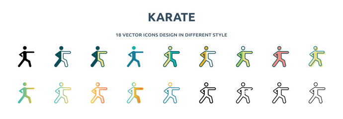 karate icon in 18 different styles such as thin line, thick line, two color, glyph, colorful, lineal color, detailed, stroke and gradient. set of karate vector for web, mobile, ui