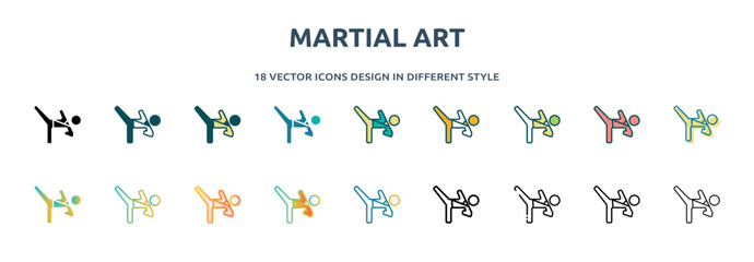 martial art icon in 18 different styles such as thin line, thick line, two color, glyph, colorful, lineal color, detailed, stroke and gradient. set of martial art vector for web, mobile, ui