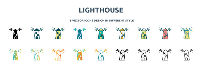 Wall Mural - lighthouse icon in 18 different styles such as thin line, thick line, two color, glyph, colorful, li