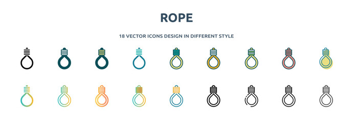 rope icon in 18 different styles such as thin line, thick line, two color, glyph, colorful, lineal color, detailed, stroke and gradient. set of rope vector for web, mobile, ui