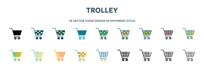 trolley icon in 18 different styles such as thin line, thick line, two color, glyph, colorful, lineal color, detailed, stroke and gradient. set of trolley vector for web, mobile, ui