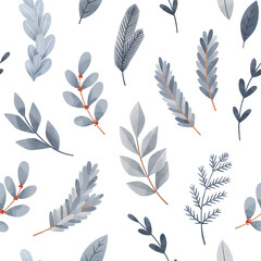 Wall Mural - Hand drawn winter seamless pattern - blue fir branches, leaves, frozen foliage, eucalyptus. Christmas floral ornament. Holiday background. Perfect for fabric, textile, wrapping paper