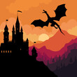 Silhouette of a dragon and castle on the backdrop of mountains and rising sun as cover, poster, wallpaper or background. Poster for the prequel Game of thrones -House of the dragon.