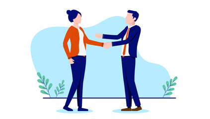 Aufkleber - Woman and man handshake - Female businesswoman and businessman shaking hands over deal and agreement. Flat design vector illustration with white background 