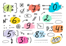 Big Set Of Vector Icons For School Or Business. Numbers, Signs, Arrows, Symbols, Shapes, Stripes. Hand Drawn Icons In Doodle Style On Isolated Background