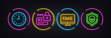 Clock, Lock And Fake News Minimal Line Icons. Neon Laser 3d Lights. Cyber Attack Icons. For Web, Application, Printing. Time Or Watch, Blocked Credit Card, Propaganda Tv. Software Protect. Vector