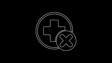 Canvas Print - White line Cross hospital medical icon isolated on black background. First aid. Diagnostics symbol. Medicine and pharmacy sign. 4K Video motion graphic animation