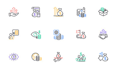 Finance line icons. Accounting coins, Budget Investment, Trade Strategy icons. Finance management, Budget gain and Business asset. Money economy, Loan in dollars and Treasure map. Vector