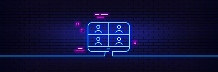 Neon light glow effect. Virtual conference line icon. Online training sign. Video team presentation symbol. 3d line neon glow icon. Brick wall banner. Video conference outline. Vector