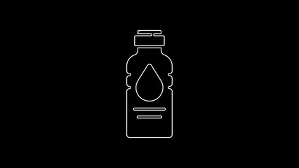 Poster - White line Bottle of water icon isolated on black background. Soda aqua drink sign. 4K Video motion graphic animation