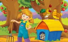 Cartoon Scene With Farm House In Garden Illustration