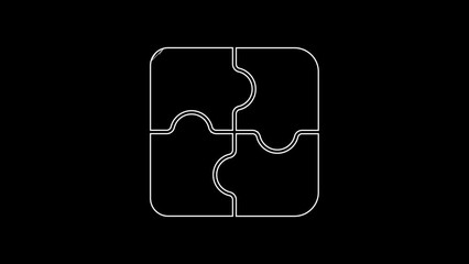 Sticker - White line Piece of puzzle icon isolated on black background. Business, marketing, finance, template, layout, infographics, internet concept. 4K Video motion graphic animation