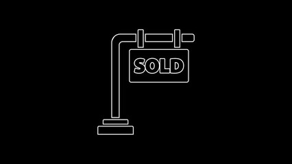 Wall Mural - White line Hanging sign with text Sold icon isolated on black background. Sold sticker. Sold signboard. 4K Video motion graphic animation